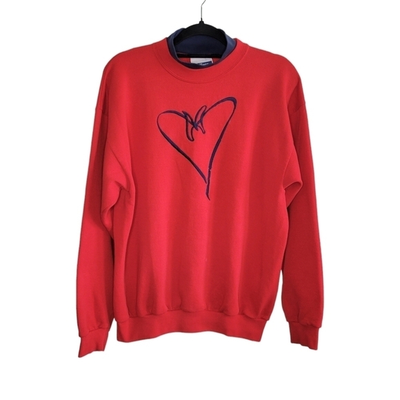 Vtg 90s Women's L Embroidered Mock Neck Pullover Sweatshirt Red Heart Butterfly - Picture 1 of 8